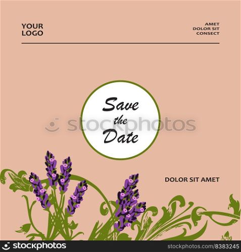 Hand drawn lavender flowers on pink, abstract floral pattern cover design. Blossom greenery branches, trendy artistic background. Graphic vector illustration wedding, poster, greeting card, magazine