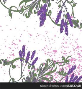Hand drawn lavender flowers on white, abstract floral pattern cover design. Blossom greenery branches, trendy artistic background. Graphic vector illustration wedding, poster, greeting card, magazine