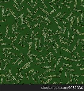 Hand drawn leaf wallpaper. Forest leaves seamless pattern on green background. Printing, textile, fabric, fashion, interior, wrapping paper concept. Contemporary vector illustration. Hand drawn leaf wallpaper. Forest leaves seamless pattern on green background.
