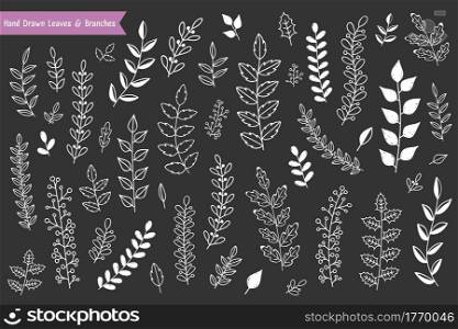 Hand drawn leaves and branches on dark background, vector eps10 illustration. Hand Drawn Leaves and Branches