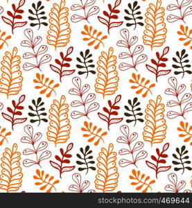 Hand-drawn leaves background in autumn colors. Seasonal seamless pattern for your design wallpapers, pattern fills, web page backgrounds, surface textures, textile, wrapping, fabric. Hand-drawn leaves background in autumn colors. Seasonal seamless pattern