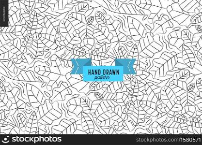 Hand drawn leaves black, white pattern. Vector seamless pattern. Abstract background, vegetable green texture. Hipster graphic design. Endless vector backgrounds, simple tree textures, plants, leaves. Seamless black and white hand drawn wood pattern