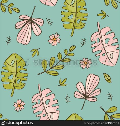 HAND DRAWN LEAVES GREEN Tropical Grunge Style Seamless Pattern