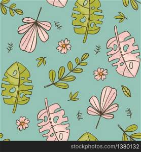 HAND DRAWN LEAVES GREEN Tropical Grunge Style Seamless Pattern