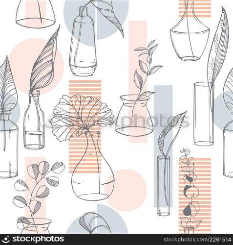 Hand-drawn leaves in glass vases and bottles. Vector seamless pattern. . Leaves in glass vases and bottles. Vector pattern.