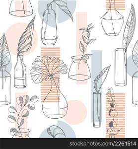 Hand-drawn leaves in glass vases and bottles. Vector seamless pattern. . Leaves in glass vases and bottles. Vector pattern.