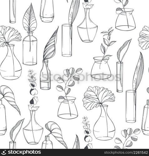 Hand-drawn leaves in glass vases and bottles. Vector  seamless pattern. . Leaves in glass vases and bottles. Vector  pattern. 