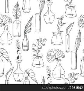Hand-drawn leaves in glass vases and bottles. Vector  seamless pattern. . Leaves in glass vases and bottles. Vector  pattern. 