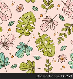 HAND DRAWN LEAVES PINK Tropical Grunge Style Seamless Pattern