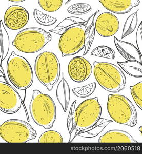 Hand drawn lemon fruits on white background.Vector seamless pattern.. Citrus fruits. Lemon. Vector pattern.