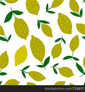 Hand drawn Lemon seamless pattern with leaves. Seamless pattern with citrus fruits collection. Summer design for fabric, textile print, wrapping paper, children textile. Vector illustration. Hand drawn Lemon seamless pattern with leaves.