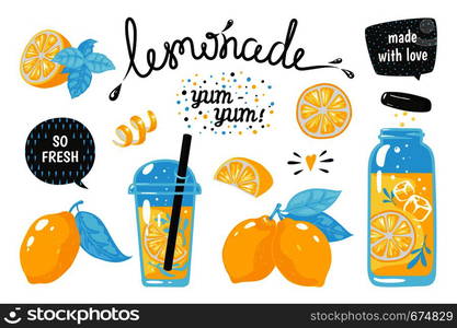 Hand drawn lemonade. Lemon juice bubble drink with labels and typography, summer cold cocktail. Vector sketch lemons tropic juice with jug on white background. Hand drawn lemonade. Lemon juice bubble drink with labels and typography, summer cold cocktail. Vector sketch lemons background