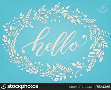 Hand drawn lettering Hello. Elegant modern handwritten calligraphy with floral frame. Vector Ink illustration. Typography poster on light background with flowers. For cards, invitations, prints etc.