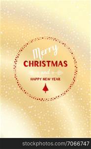 Hand drawn letters for Merry Christmas with graphic designs in white and red framed by red ring of stars and lightful translucent circles on light golden background
