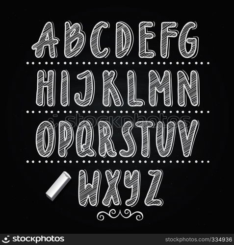 Hand drawn letters writing on black school chalkboard. Vector alphabet for school, illustration of abc white letter. Hand drawn letters writing on black school chalkboard. Vector alphabet