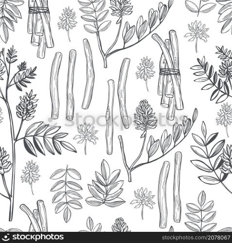 Hand drawn licorice (Glycyrrhiza glabra).Flowers, leaves and roots. Vector seamless pattern.. Licorice. Vector pattern.