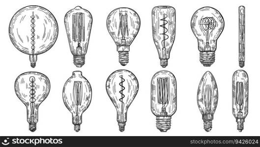 Hand drawn light bulb in vintage engraved style. Electric l&sketch. Isolated on white background. Vector illustration. Hand drawn light bulb in vintage engraved style. Electric l&sketch.