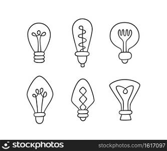 Hand drawn Light Bulbs. Collection of loft l&s in doodle style. Isolated objects on white background. Hand drawn Light Bulbs. Collection of loft l&s in doodle style. Isolated objects