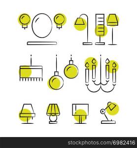Hand drawn lighting line icons. Drawing sketch lamp, vector illustration. Hand drawn lighting line icons