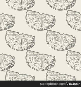 Hand drawn lime slice seamless pattern. Lemon citrus fruit wallpaper. Engraving vintage style backdrop. Design for wrapping paper, textile print. Vector illustration. Hand drawn lime slice seamless pattern. Lemon citrus fruit wallpaper.