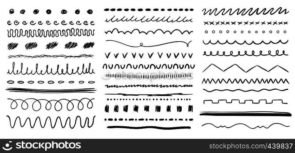 Hand drawn line. Ink pen drawing lines, underline brush and pencil strokes brushes. Frame dividers line, wedding ornament scribble border doodles. Vector isolated elements set. Hand drawn line. Ink pen drawing lines, underline brush and pencil strokes brushes vector elements set