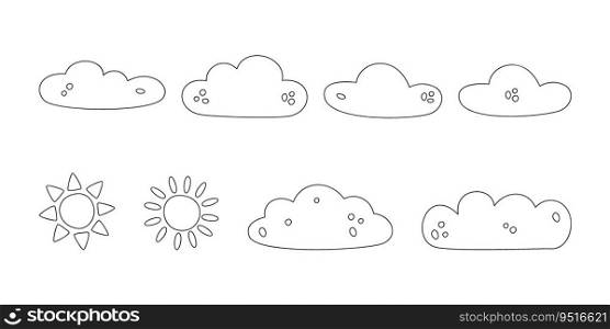 Hand drawn linear vector illustrations of clouds and suns