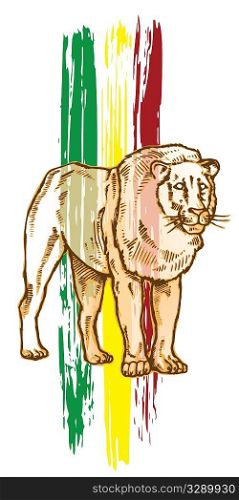 Hand drawn lion with rasta colors.