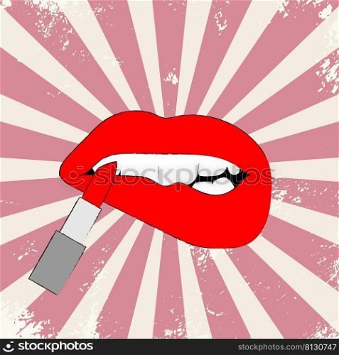 hand-drawn lips with lipstick on a pink vintage shabby background. 2d vector illustration