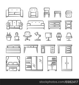 Hand drawn living room furniture icons on white background. Outline modern furniture illustration vector. Hand drawn living room furniture icons on white background
