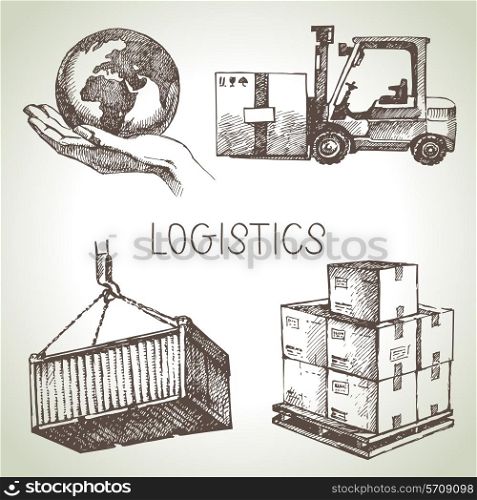 Hand drawn logistics and delivery sketch icons set. Vector illustration