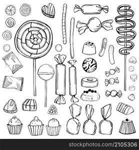 Hand drawn lollipops , candy and marmalade set. Vector sketch illustration.. Hand drawn lollipops , candy and marmalade set.