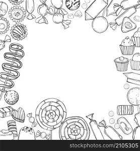 Hand drawn lollipops , candy and marmalade. Vector background.. Vector background with lollipops and candy