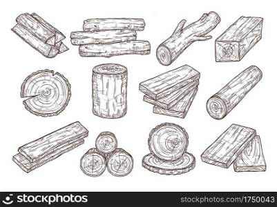 Hand drawn lumber. Sketch wood logs, trunk and planks. Stacked tree branches, forestry construction material vintage vector set. Illustration trunk and timber log, firewood and hardwood. Hand drawn lumber. Sketch wood logs, trunk and planks. Stacked tree branches, forestry construction material vintage vector set