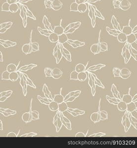 Hand drawn Macadamia seamless pattern. Branch with leaves and shelled nuts light outline drawing on beige background. Vector illustration for macadamia oil, nuts package and wrapping design.