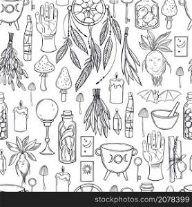 Hand drawn magical occult lements. Sorceress collection. Sacred mysterious art. Vector seamless pattern. . Magical occult lements. Sorceress collection.