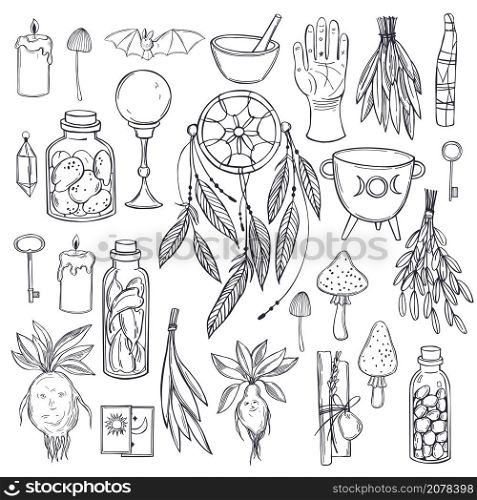 Hand drawn magical occult lements. Sorceress collection. Sacred mysterious art. Vector sketch illustration.. Magical occult lements. Sorceress collection.