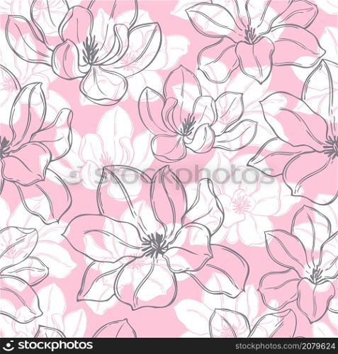 Hand drawn magnolia flowers. Vector seamless pattern.. Magnolia flowers. Vector seamless pattern.