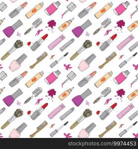 Hand drawn make up, cosmetics and beauty items seamless pattern with hairbrushes, lipstick and nails polish illustration isolated. Drawing doodle vector background, isolated on white.. Hand drawn make up, cosmetics and beauty items seamless pattern with hairbrushes, lipstick and nails polish illustration isolated. Drawing doodle vector background, isolated on white