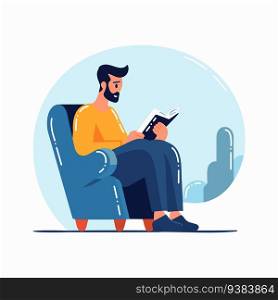 Hand Drawn man sitting and reading a book in flat style isolated on background