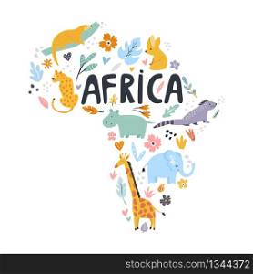 Hand drawn map of Africa with charactes and decorative elements. Travel greeting card, print for t-shirts. Hand drawn map of Africa with charactes