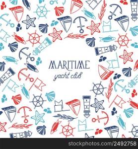 Hand drawn marine background with inscription and nautical elements and icons in vintage style vector illustration. Hand Drawn Marine Background