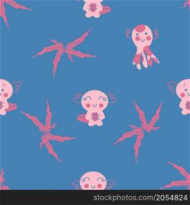 Hand drawn marine octopus and axolotls seamless pattern. Perfect for T-shirt, textile and print. Doodle vector illustration for decor and design.