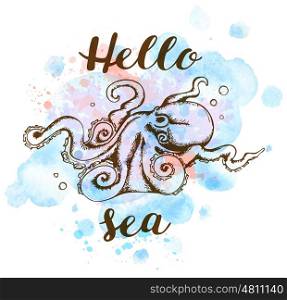 Hand drawn marine summer background with blue watercolor texture and octopus