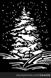 Hand drawn marker christmas tree. Falling snow and snowdrifts. Xmas vector phone wallpaper