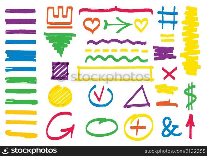 Hand drawn marker elements. Highlighter lines, school doodle marks. Checklist signs, wrong right check mark. Colourful brush vector elements. Sketch marker arrow, graphic pen doodle illustration. Hand drawn marker elements. Highlighter lines, school doodle marks. Checklist signs, wrong right check mark. Colourful brush strokes decent vector elements