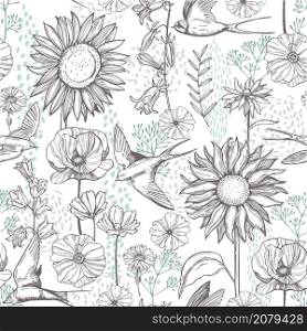 Hand drawn meadow flowers and swallows. Vector seamless pattern