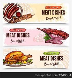 Hand Drawn Meat Horizontal Banners. Hand drawn meat horizontal banners with chicken barbecue sausages grill roast dishes vector illustration
