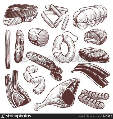 Hand drawn meat. Sketch meat products collection beef steak, pork fillet and veal bone, lamb and chicken, sausage and shank, vintage vector details raw fresh set. Hand drawn meat. Sketch meat products collection beef steak, pork fillet and veal bone, lamb and chicken, sausage and shank, vintage vector set