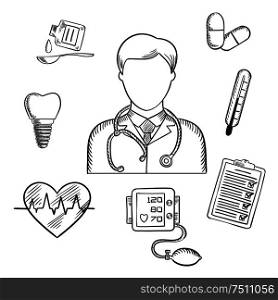 Hand drawn medical icons with a doctor surrounded by a thermometer, tooth, pills, medication, chart, heartbeat and ECG. Sketch style vector. Hand drawn medical items and doctor