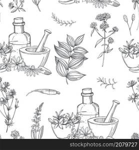 Hand drawn medicinal herbs. Alternative medicine. Vector seamless pattern. Medicinal herbs.Vector pattern